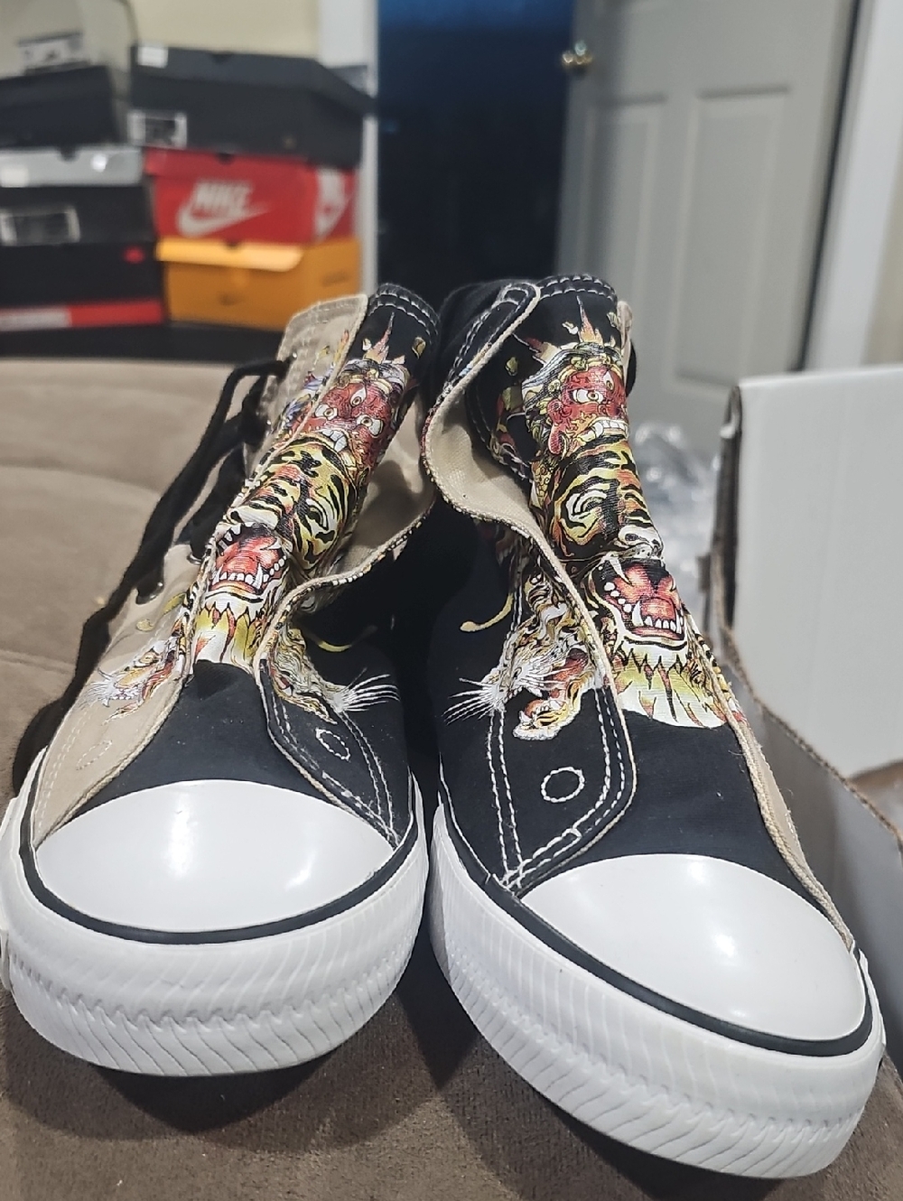 Ed Hardy Canvas High Tops in Black & Beige